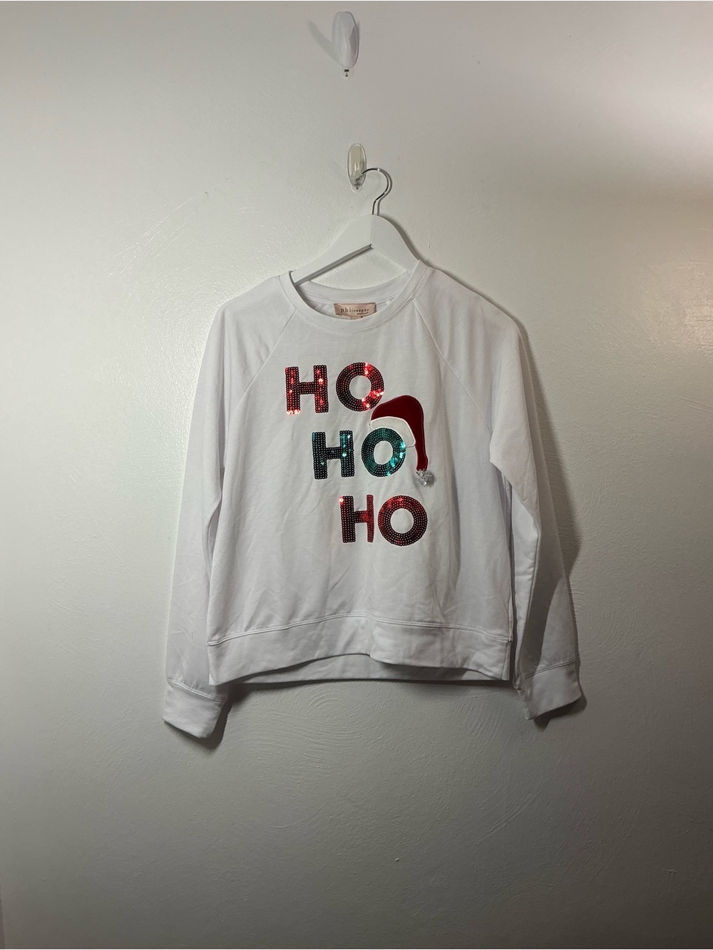 Philosophy White Holiday 'HO HO HO' Sequin Sweatshirt Size Small